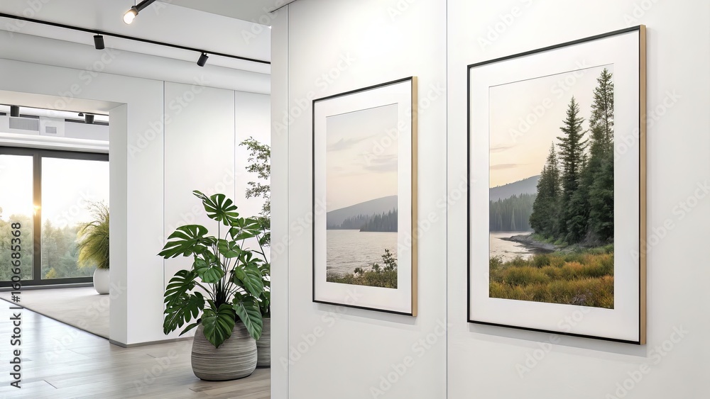 Fototapeta premium Two White-Bordered Vertical Blank Frames Mounted on Wall in Soft Diffuse Lighting for Gallery Use