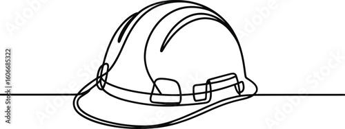 Minimalist line drawing of a construction hard hat centered on a horizontal line