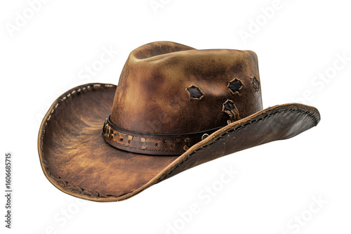 Vintage brown leather cowboy hat isolated on transparent background, perfect for western fashion, country style, rodeo, costume design, and rustic decor projects