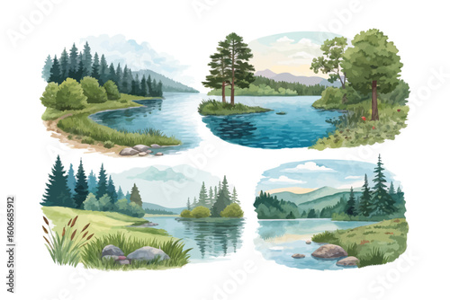 set of watercolor freshwater lakes vector illustration isolated on white background