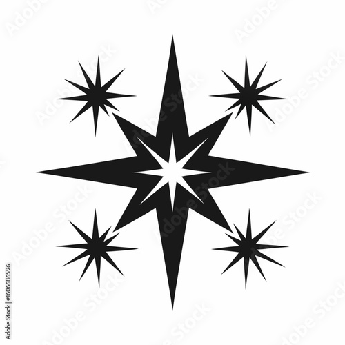 A striking black and white graphic featuring a large multi pointed star at its center surrounded by smaller sparkling starbursts creating a dynamic and radiant visual