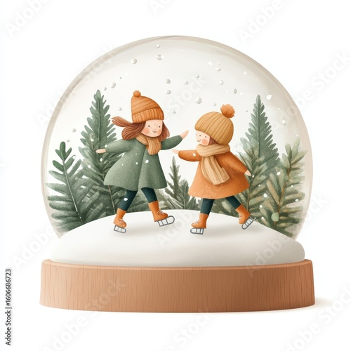 Whimsical winter wonderland charming snow globe illustration with two children joyfully ice skating amidst snowy pine trees capturing cozy festive holiday spirit