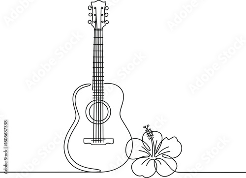 Acoustic guitar and hibiscus flower in a minimalist line drawing style