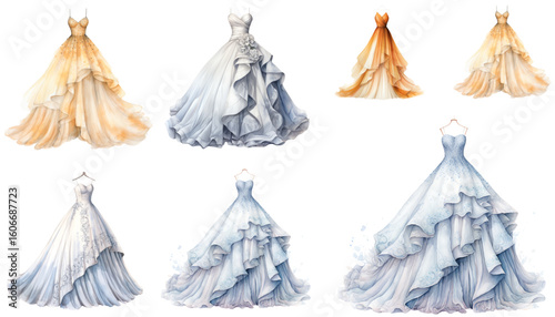 set of clothes pins vector. vector illustration of a set of women, carbonated bridal gown Watercolor 