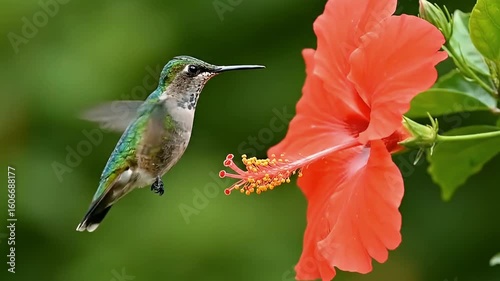 Hummingbird hovering next to a vibrant hibiscus flower, a moment of nature's beauty captured,A hummingbird gracefully approaches a hibiscus flower, showcasing the elegance of these creatures