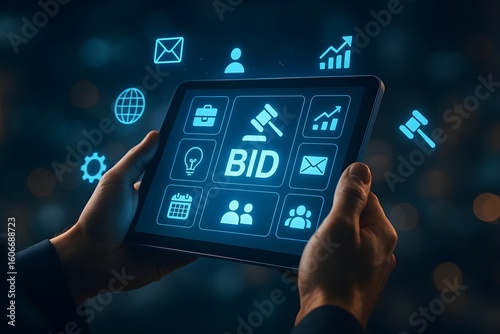 Digital auction platform interface on tablet with business icons and glowing effects