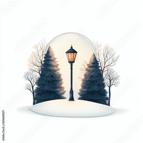 Captivating snow globe showcases vintage lamppost amidst snow covered pine trees, radiating cozy glow, perfect for enchanting winter and christmas holiday designs.