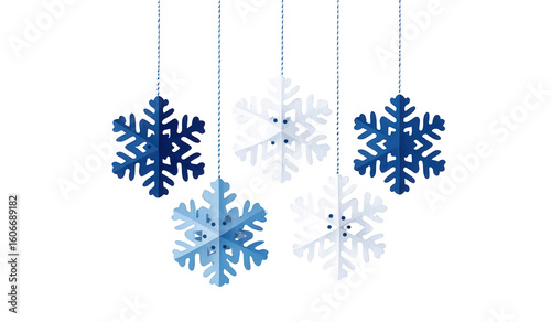 Five blue and white snowflake ornaments hang