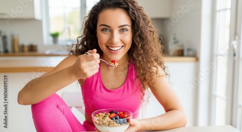 Wallpaper Mural Woman Enjoying a Healthy Breakfast in Her Kitchen. A woman stands in her kitchen, holding a bowl of yogurt topped with granola and fresh berries.  Torontodigital.ca
