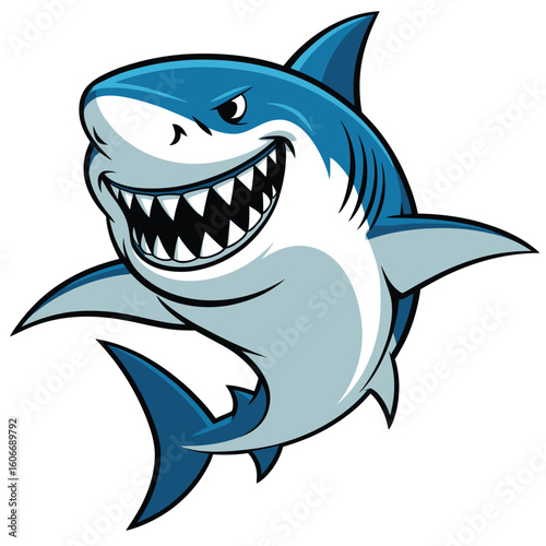 Fierce cartoon shark with a wide grin and sharp teeth