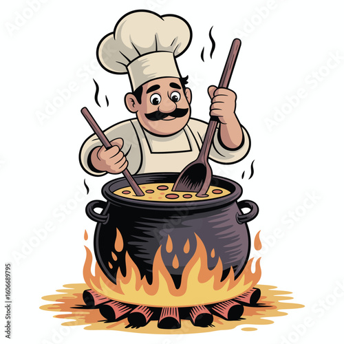 Chef stirring a steaming pot over a fire