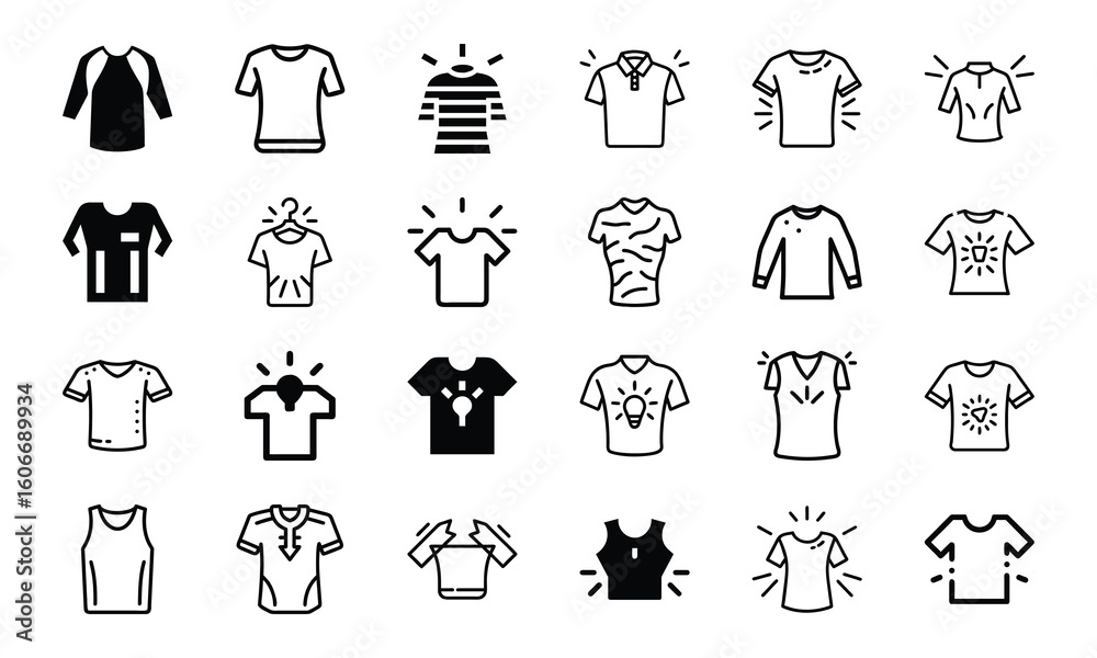  A Comprehensive Collection of T-Shirt and Apparel Icons: Diverse Styles, Designs, and Clothing Types for Fashion, E-commerce, and Design Projects