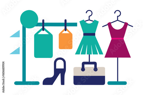Colorful flat design fashion items and clothing display