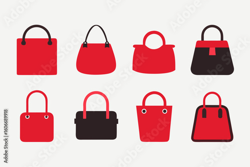 Collection of red and black handbags in various styles