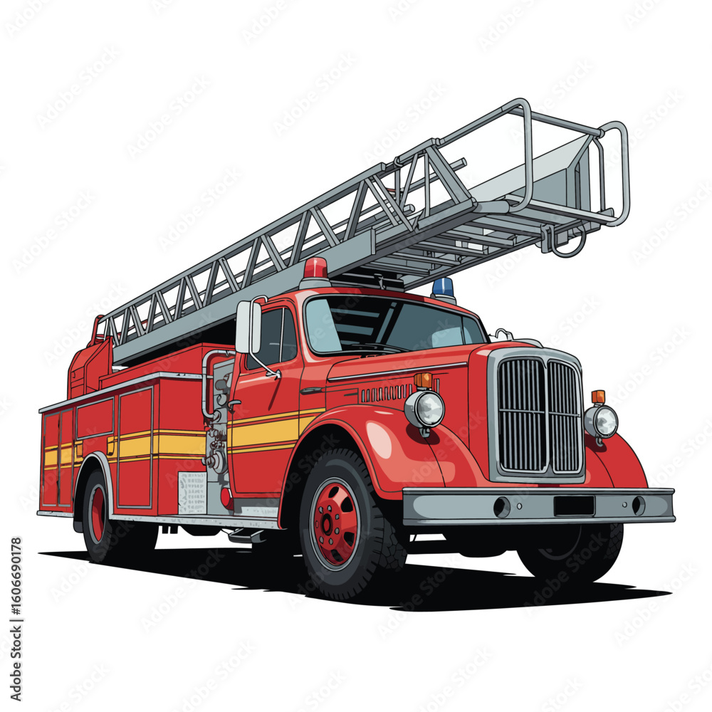 Fototapeta premium Classic red fire truck with extended ladder