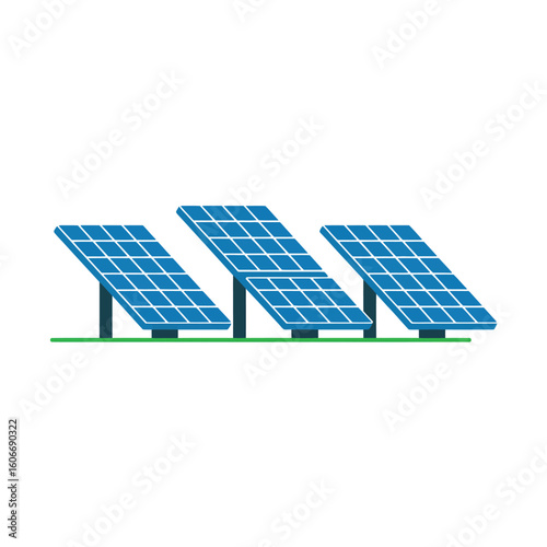 Three blue solar panels on stands against white background