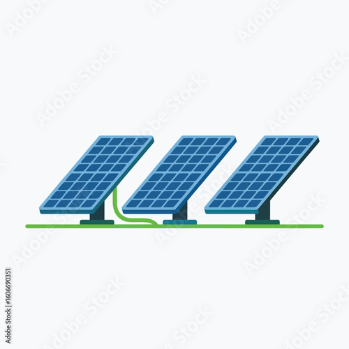 Three angled solar panels on a green surface connected by wires