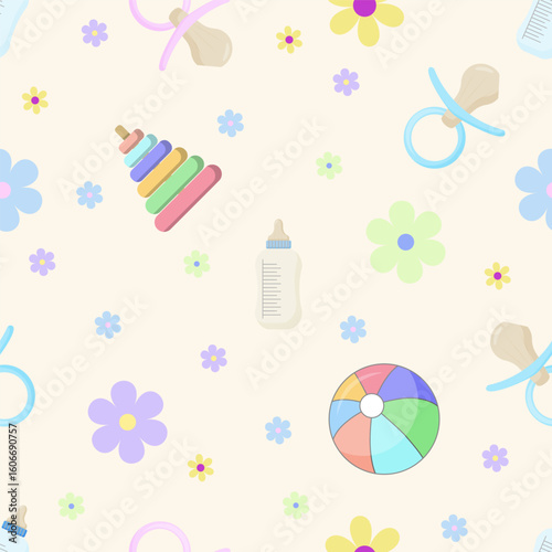 On a pale yellow background, there is a pattern consisting of children's objects: bottles, nipples, toys and a colorful ball decorated with flowers. It is ideal for decorating children's rooms.