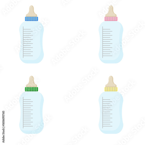 A set of four baby bottles. Each bottle has colored caps: blue, pink, green and yellow, as well as a measuring scale on the side. The bottles are ideal for the care of newborns.