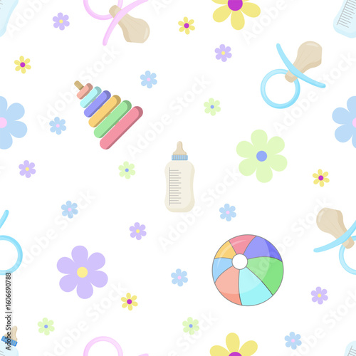 On a white background, there is a pattern consisting of children's objects: bottles, nipples, toys and a colorful ball decorated with flowers. It is ideal for decorating children's rooms.