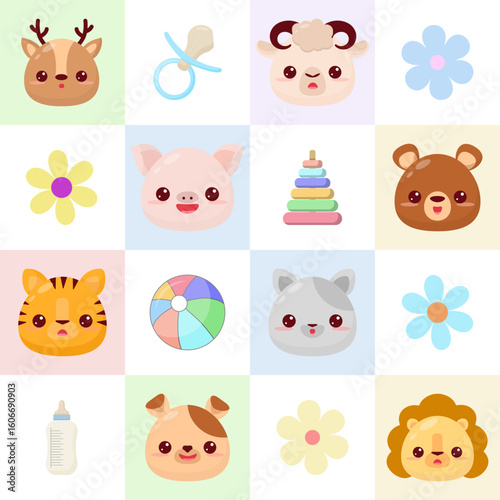 Seamless grid pattern with cartoon drawings of various animals:deer, sheep, pig, bear, cat, tiger lion, as well as toys on pastel backgrounds. deal for decorating children products exclusive designs.