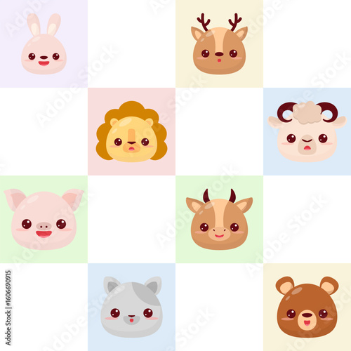 Seamless mesh pattern with cartoon animal faces on colored squares: deer, sheep, pig, bear, tiger, cat, dog and lion. It is ideal for children's goods and decoration.