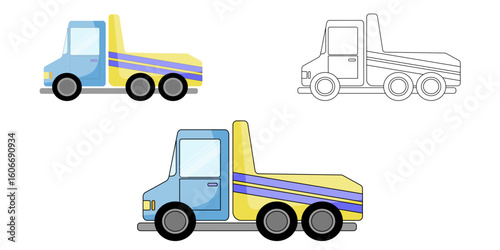 There are two truck drawings: one is colored, the other is a black-and-white coloring book. These cute illustrations are great for children's design and educational materials.