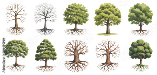 Collection of diverse trees showing seasons and root systems