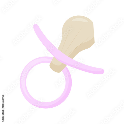  a beige baby pacifier with a delicate pink ring in a cartoon style. The perfect accessory for toddlers, combining comfort and safety.