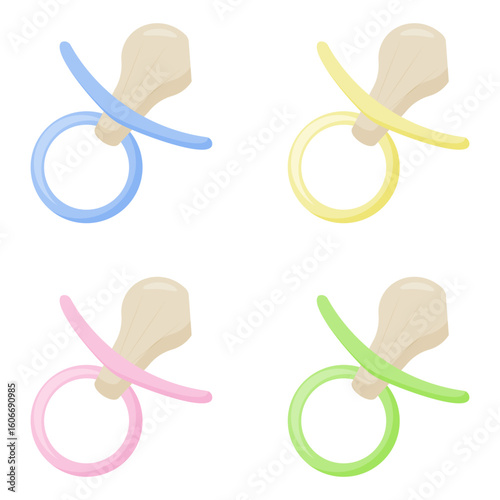 Set of four baby nipples: blue, yellow, pink and green, with beige nipple. Ideal for the comfort and safety of children.