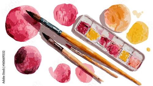 Watercolor painting tools including brushes, palette, and paint dabs arranged on a dark backdrop, perfect for creative artistic projects.