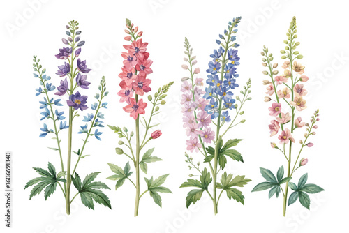 set of watercolor Delphinium Branch vector illustration isolated on white background