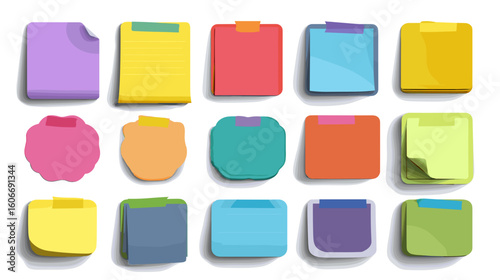 Set of fifteen vector illustrations of colorful sticky notes attached with tape for reminders on a dark background