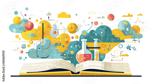 Open book illustration symbolizing knowledge and science, featuring abstract scientific illustrations emerging from an open book against a black background.