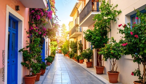 Fototapeta Naklejka Na Ścianę i Meble -  Picturesque alleyway with colorful buildings and vibrant plants