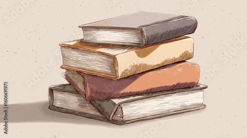 A stack of hardcover books in various colors, rendered with an illustrated style, suggesting knowledge, study, or literature.