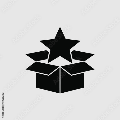 Black star emerging from open cardboard box icon