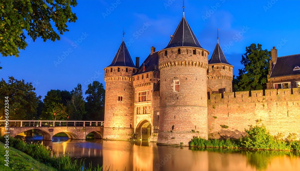 Fototapeta premium Medieval fortress by a moat at twilight