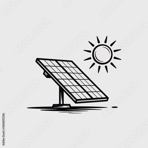Hand drawn solar panel and sun icon for renewable energy