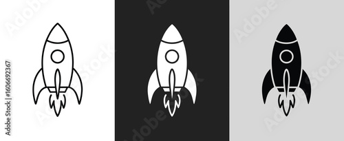 Three stylized rocket ship icons in different color schemes
