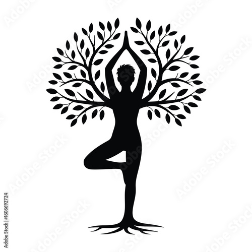 Silhouette of a person in tree pose with branches forming a tree canopy