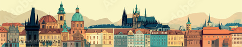 Prague Historic Skyline Flat Vector Illustration