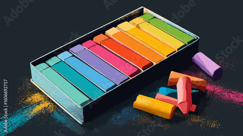 A collection of colorful art pastels arranged in a box, with some scattered around, creating a vibrant and artistic scene.  