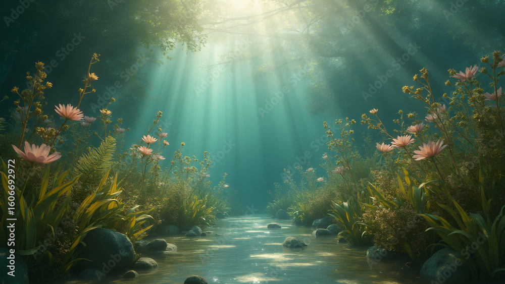 Obraz premium Underwater plants in slow motion. Gentle currents and aquatic life. Beautiful underwater scenery. The dance of seaweed and water plants.