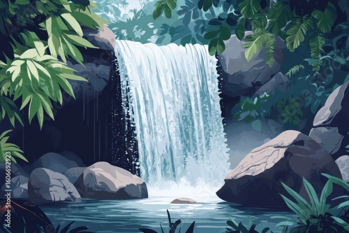 Lush waterfall cascading over rocks in a vibrant tropical forest setting during the day