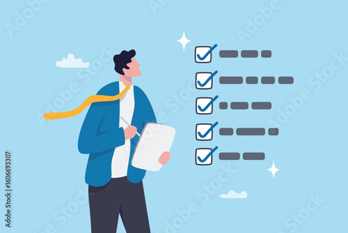Checklist task accomplishment, approval digital document, list planning, completion or productivity task finish or job done checklist, businessman tick checkbox as completed on digital tablet.