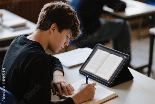 Student taking notes from digital Bible during online theology class
