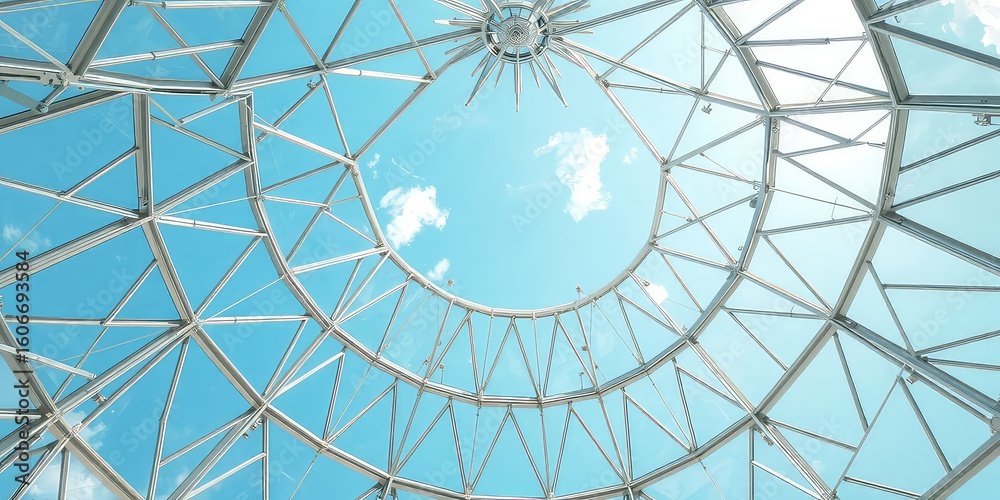 Fototapeta premium Skylight architecture with structural framework patterns creating symmetry against a crisp blue sky and soft white clouds above.