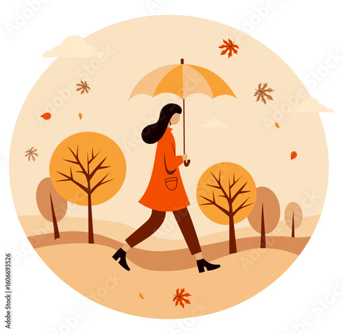 Autumn woman in red coat with umbrella in fall park. Autumnal landscape with colorful trees and falling maple leaves. Vector illustration. Not AI..