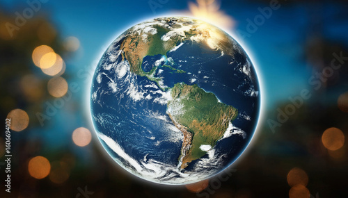A vibrant image of planet Earth floating against a dreamy bokeh background, highlighting the beauty and fragility of our world with glowing sunlight and swirling cloud formations.